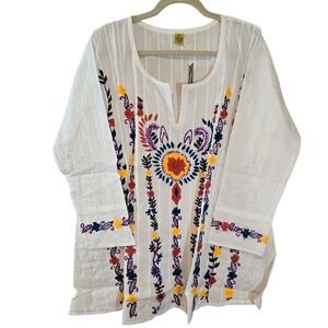 Raj Women White Embroidered Floral Tunic Top Split Neck Cotton Viscose XL New